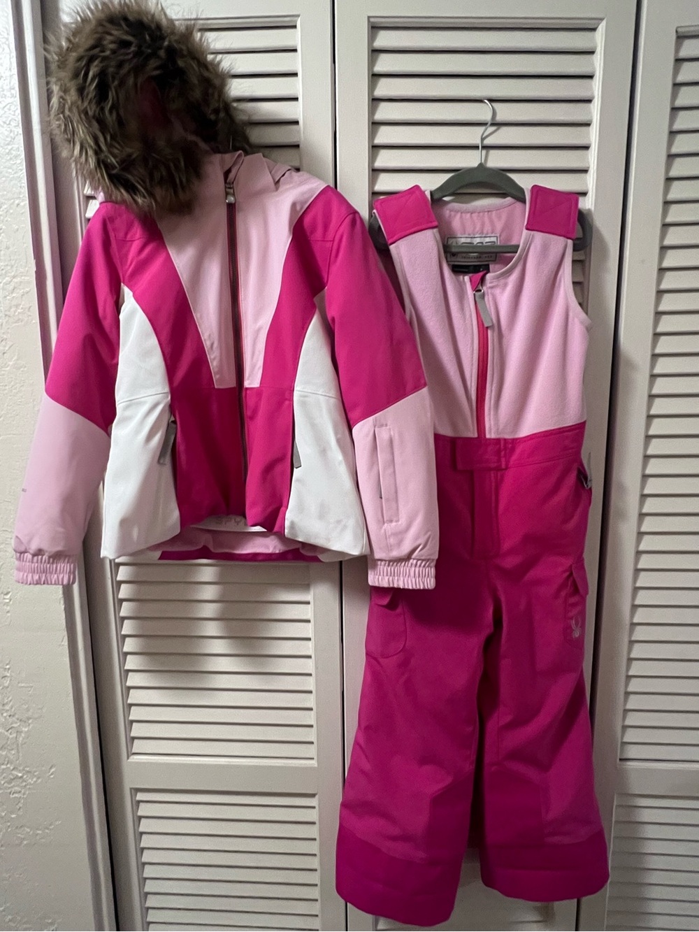Spyder Pink Two-Tone Girls Ski Jacket & One Piece Snow Pants